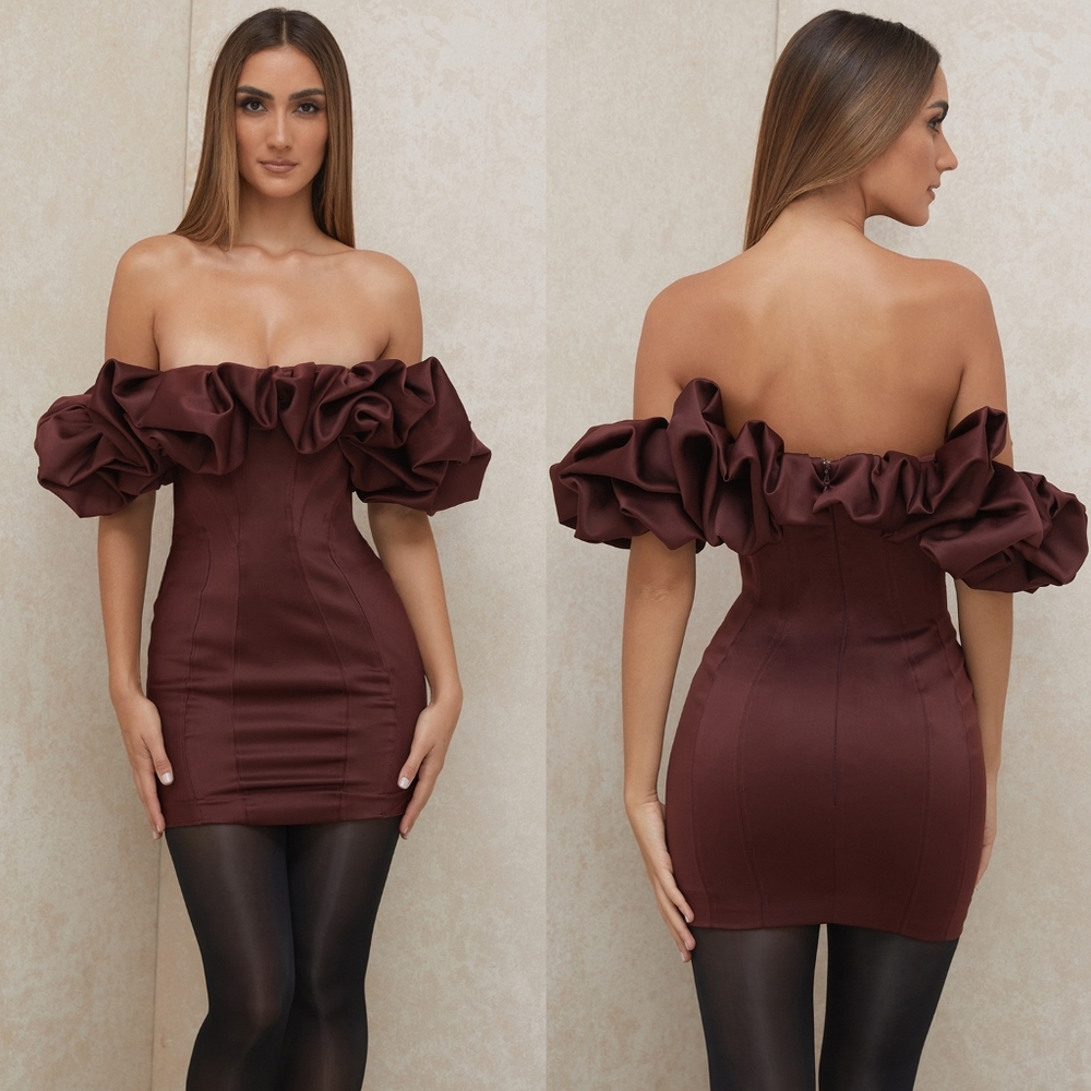HOUSE OF CB 'Selena' Raisin Satin Puff Shoulder Dress - Picture 2 of 13